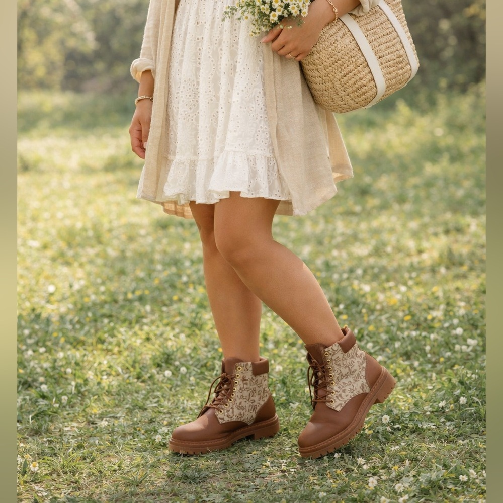 LRL Carlee Lace Up Lug Waterproof Leather Boots Tan Brown Monogram Women 7.5